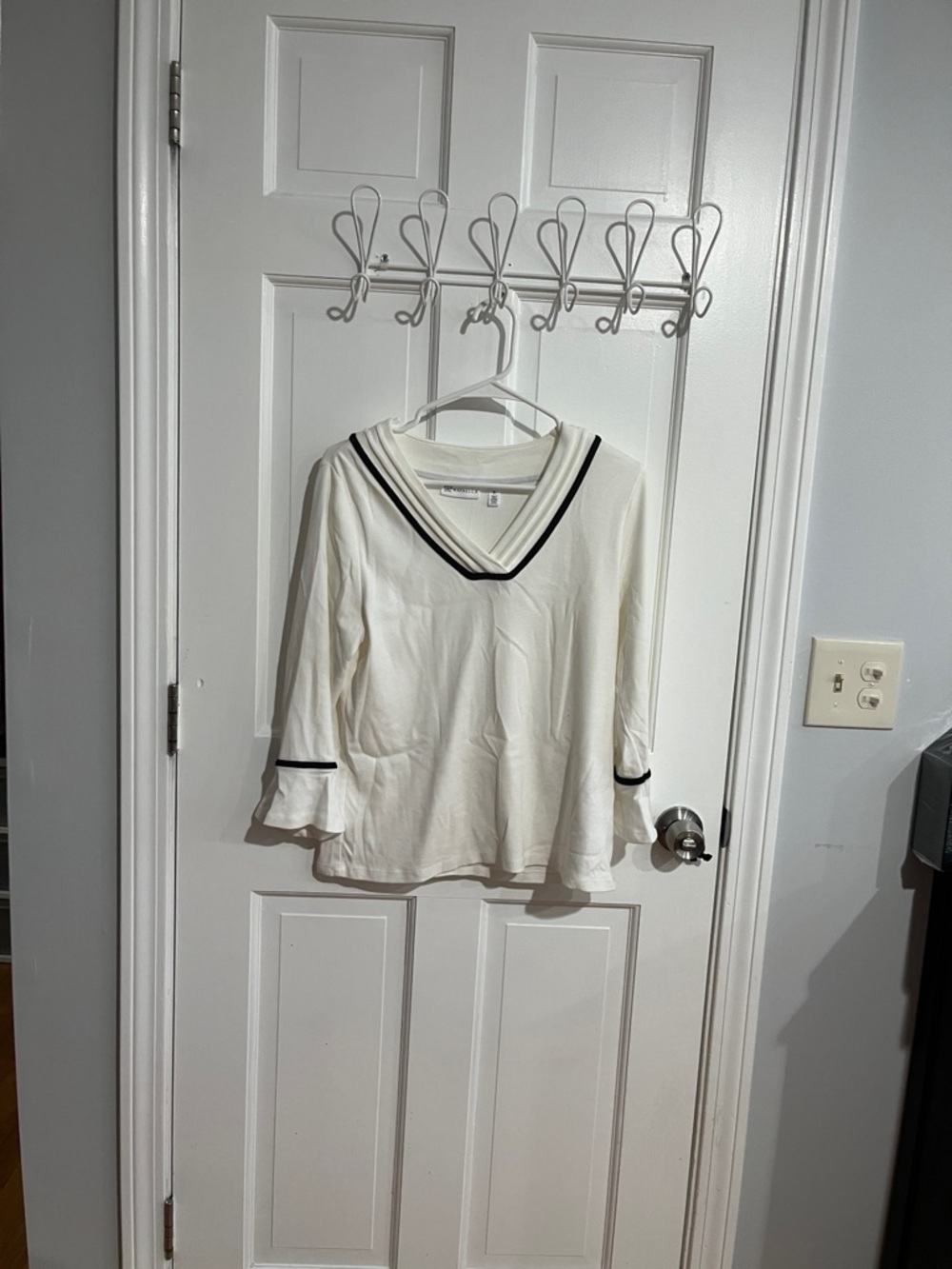 Rafaella White V-Neck Top with Black Contrast Trim